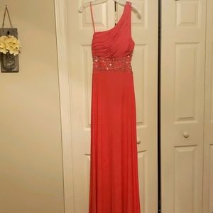 Coral,  beaded,  asymmetric Prom Dress